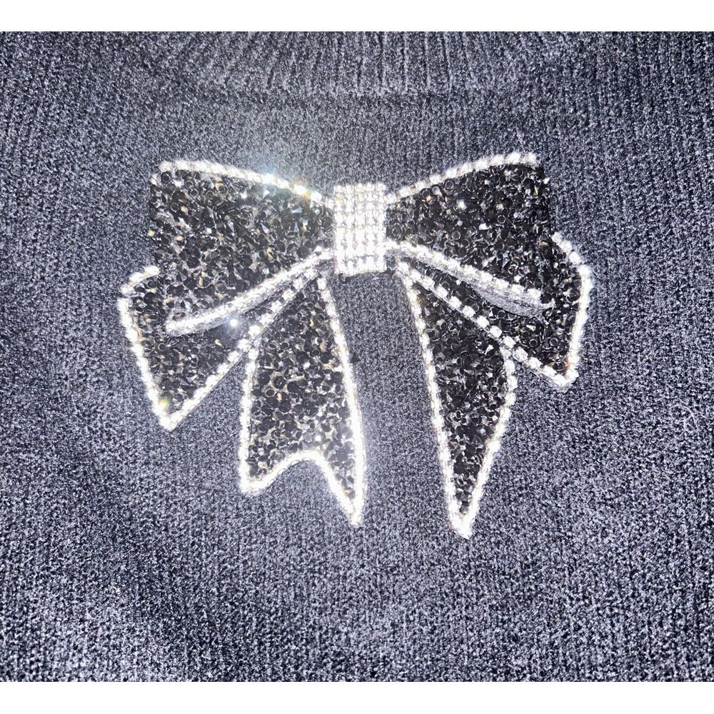 CeCe Women's Elegant Ribbon Bow Black Crew Neck Sweater Long Puff Sleeve NWT - Picture 2 of 6